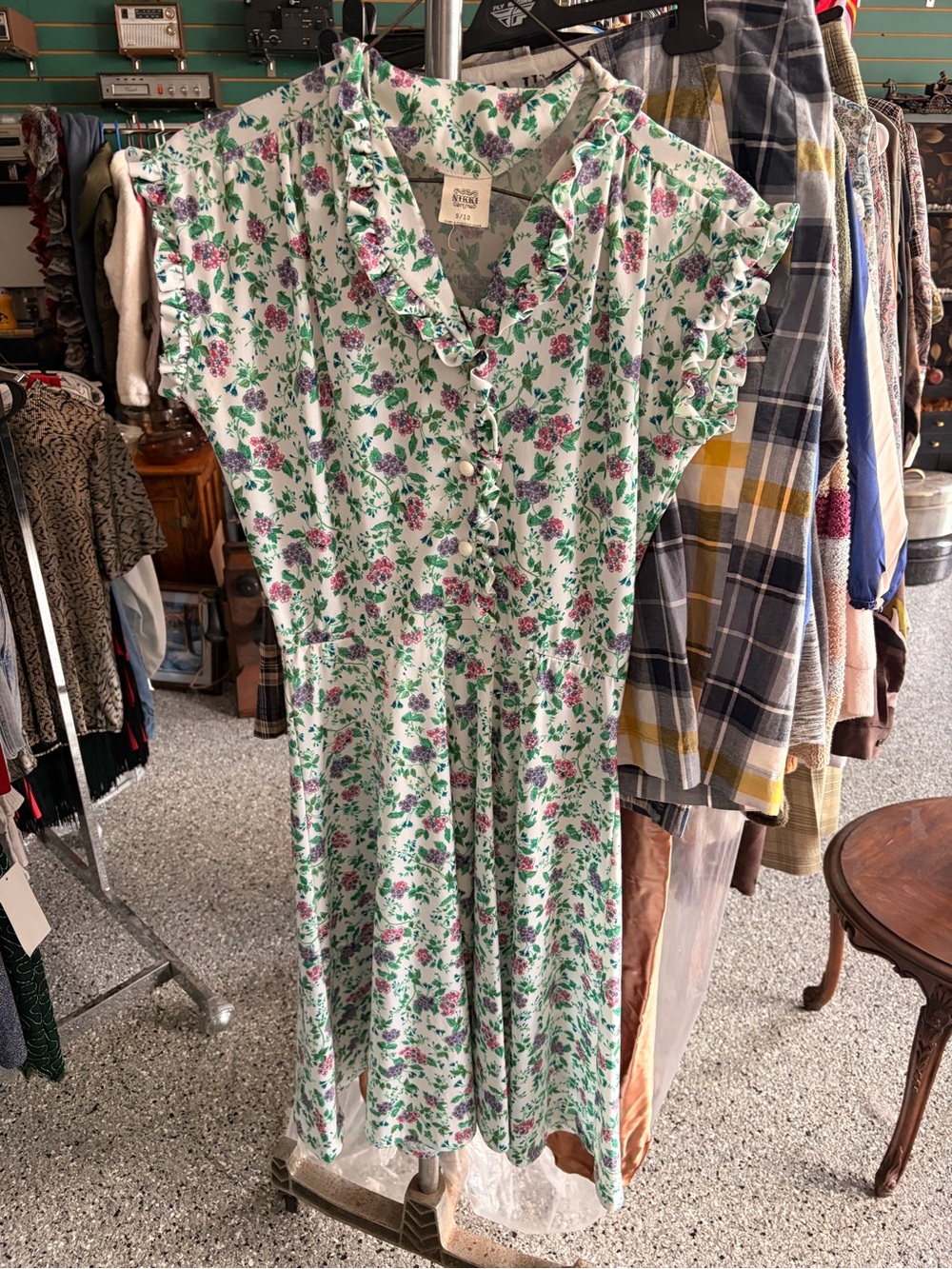Ruffle-Trim Floral Midi Dress in Green & Pink - No Brand
